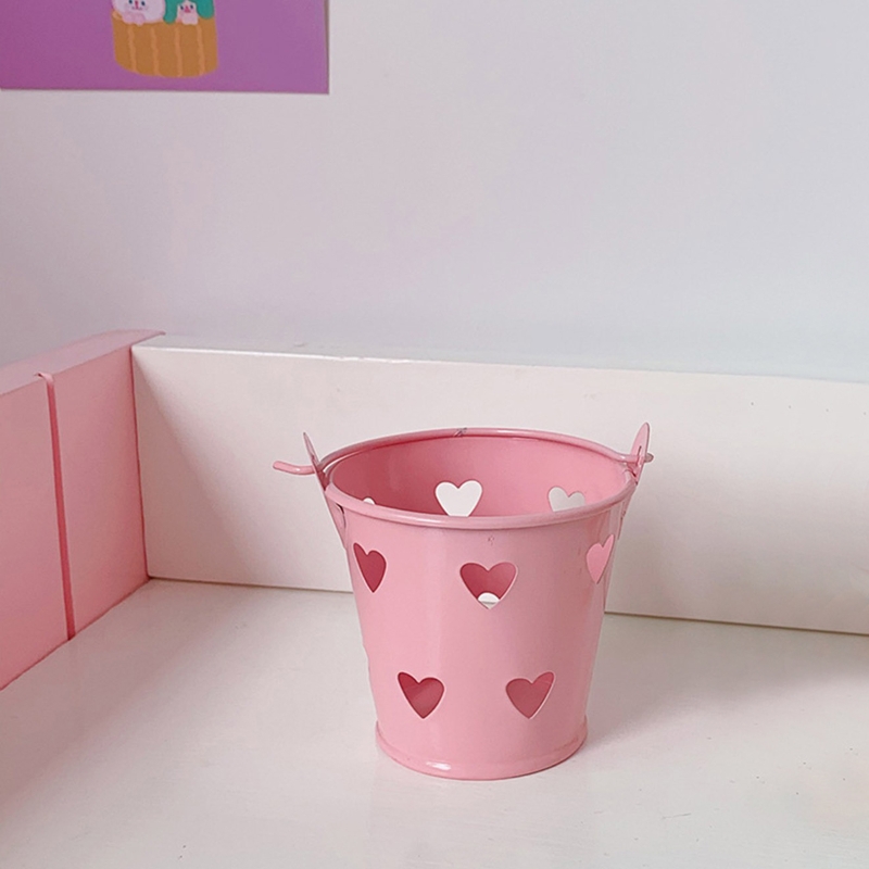 Cute Pink Bucket Pencil Holder Metal Pen Cup Decorative Desktop Storage Organizer for Makeup Brush Stationery Tape Ruler