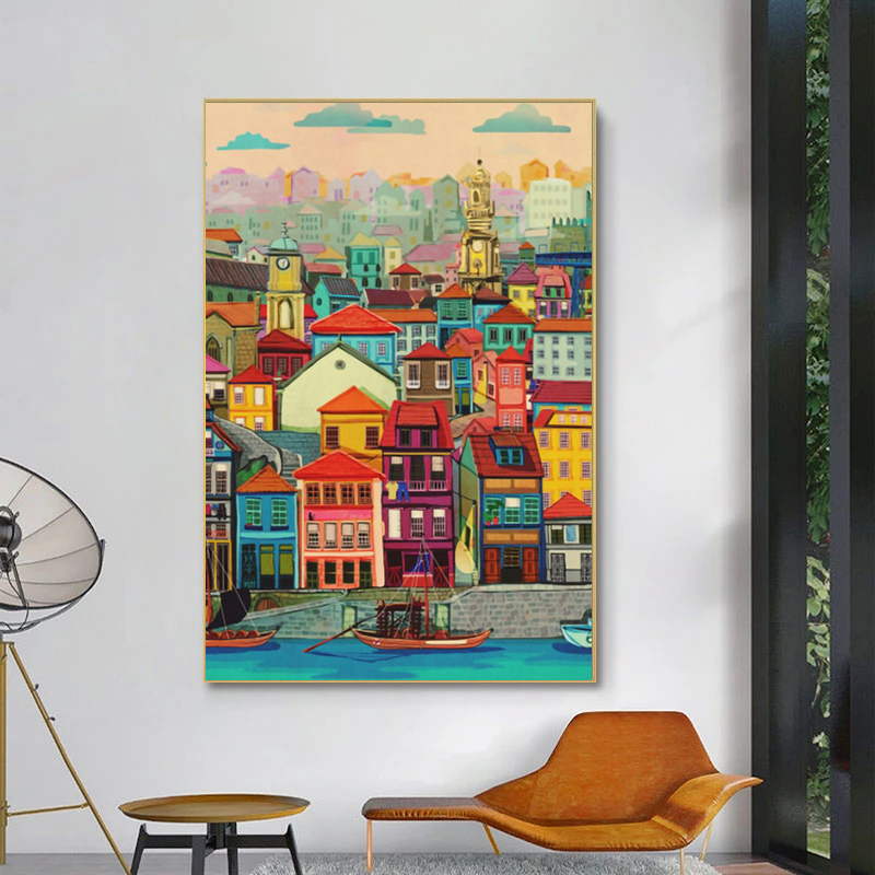 Färgglada hus vid vatten vintage affisch stad landskap nordisk konst canvas tryck målning vägg bild modern hem dekoration