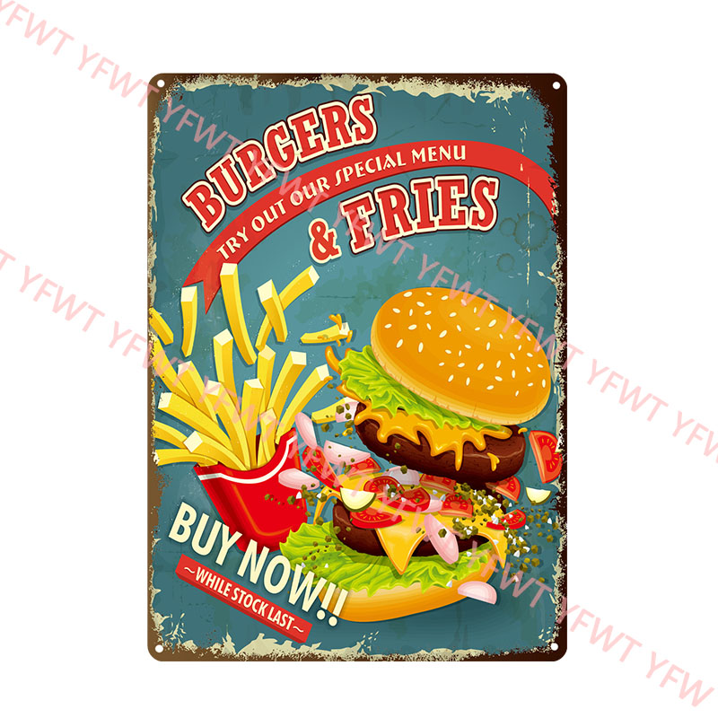 Hamburger Fast Food Plaque Metal Vintage Hamburger Tin Sign Restaurant Decor Mur Mur pour Kitchen Cafe Diner Bar Burger Metal Signes