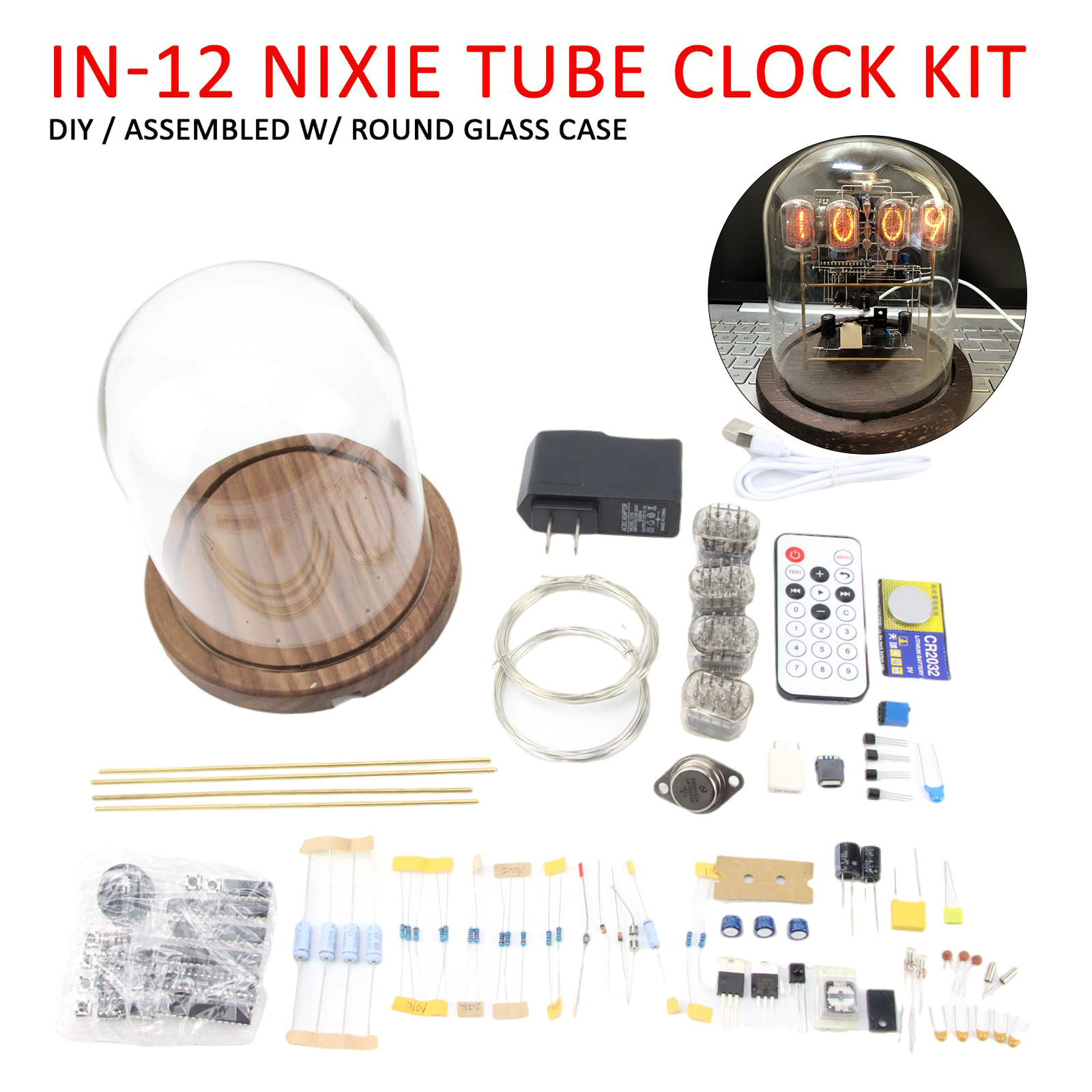 Original Classic Vintage In-12 Nixie Tube Clock Kit DIY / Monterat w / Round Glass Case Wood Electrical Standard Alarm Clock