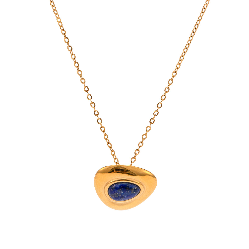 Mode 18K Gold Edelstahl Halskette für Frauen mit Lapis Lazuli Dreieck eingelegtes ovales Hammermuster Daily Bankett Anhänger Halskette