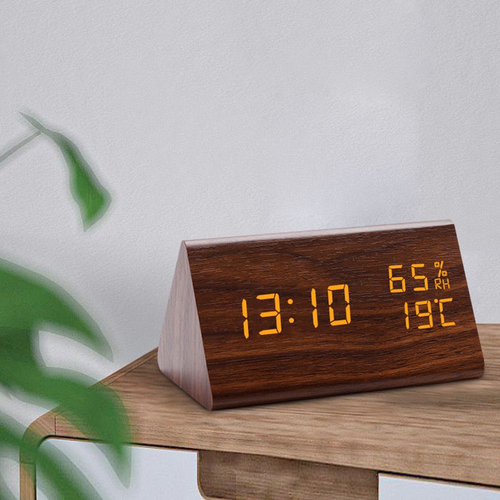 Triangle Digital Clock LED Wooden Alarm Clock With Night Light Sound Control Electronic Clocks Desktop Home Table Decoration