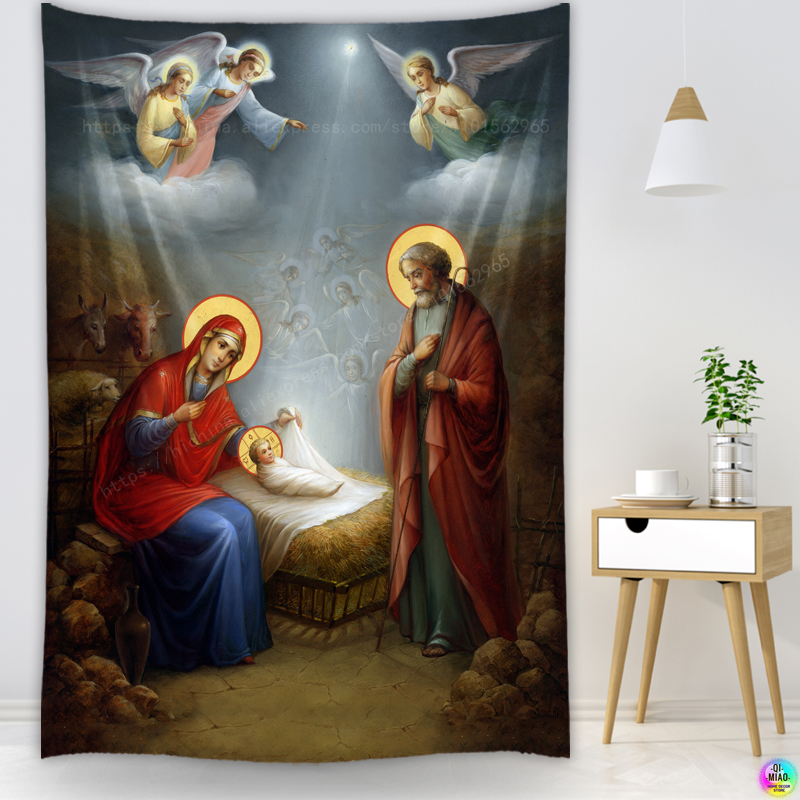 Natività Scena Arazzo Gesù Manger Mager Wall Hanging Angel Easter Christmas Wall Decor Christ Tapestries Room Decoraoo