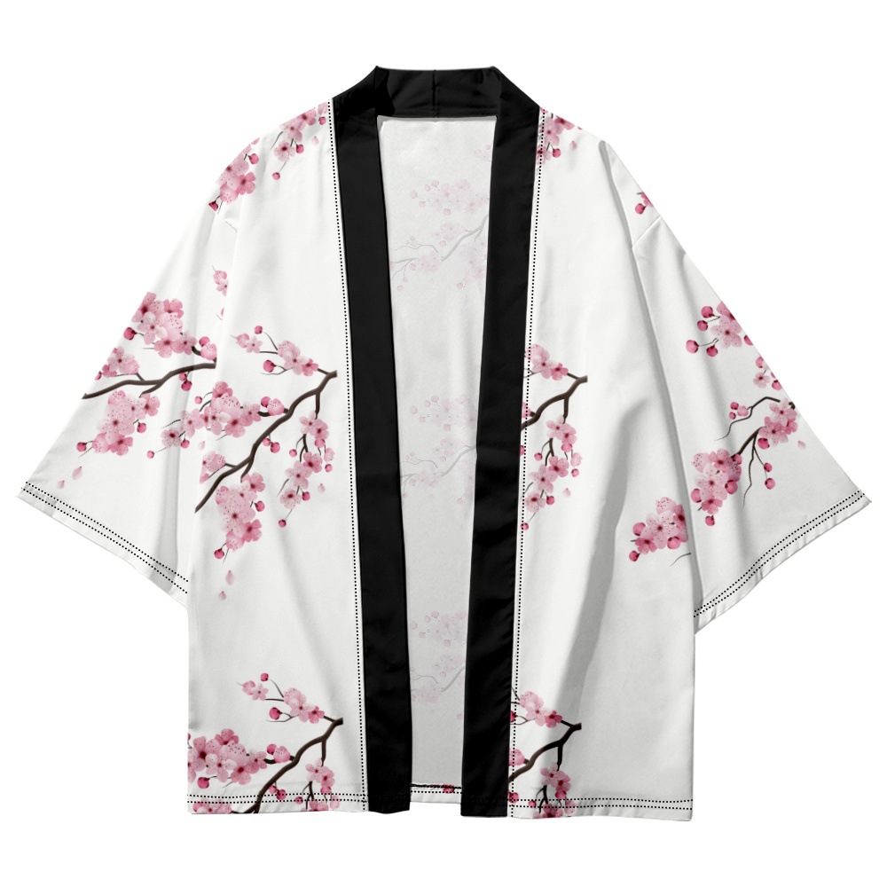 Summer Pink Peach Blossom Imprimé blanc en vrac japonais Japonais Kimono Femmes Hommes Beach Haori Chemises surdimensionnées Tops