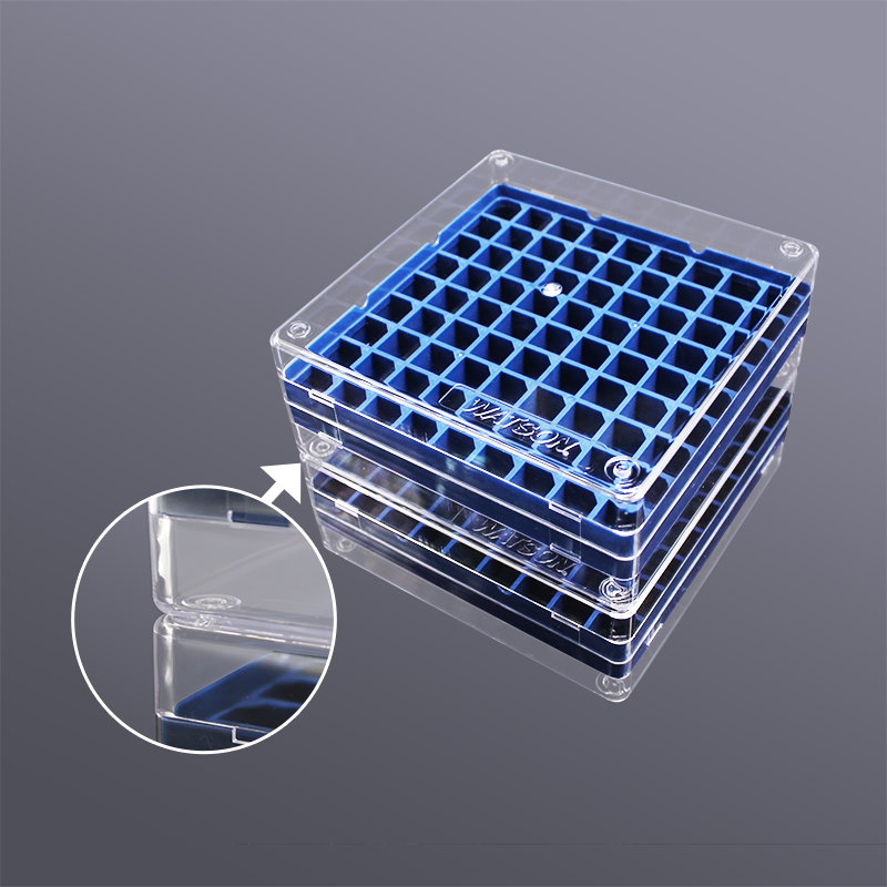 Caja de Congelador de Laboratorio、Estante de Tubo、Color Azul、81-Well、Polipropileno、PCR、Puede Acomodar Crioviales de 2ml o Menos