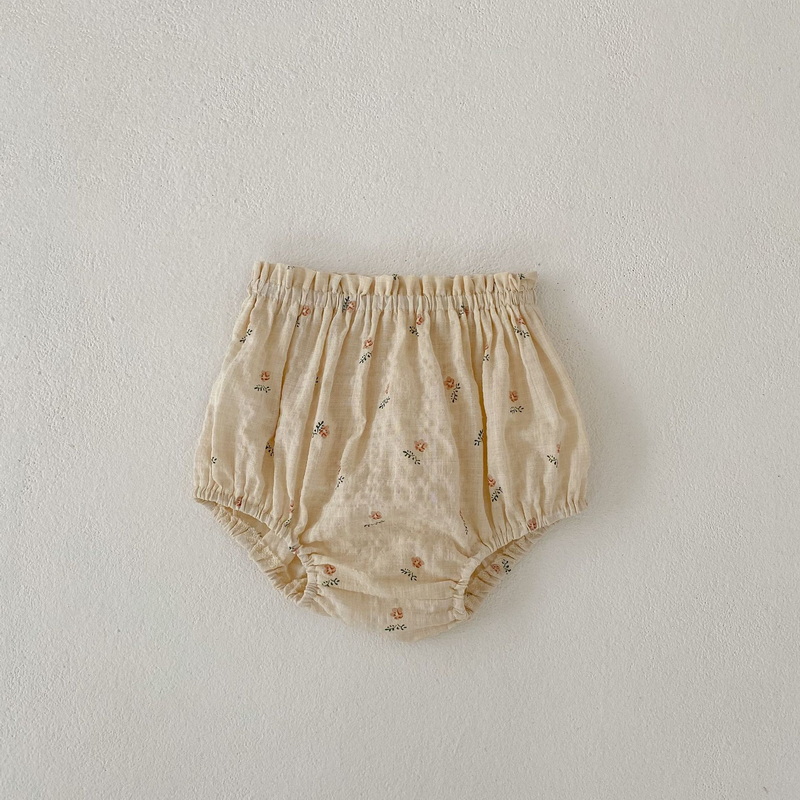 Ny sommarflickan pojke shorts beige aprikos blommig hög midja blöja täcker strängande selvedge pp byxor barn kläder e24070