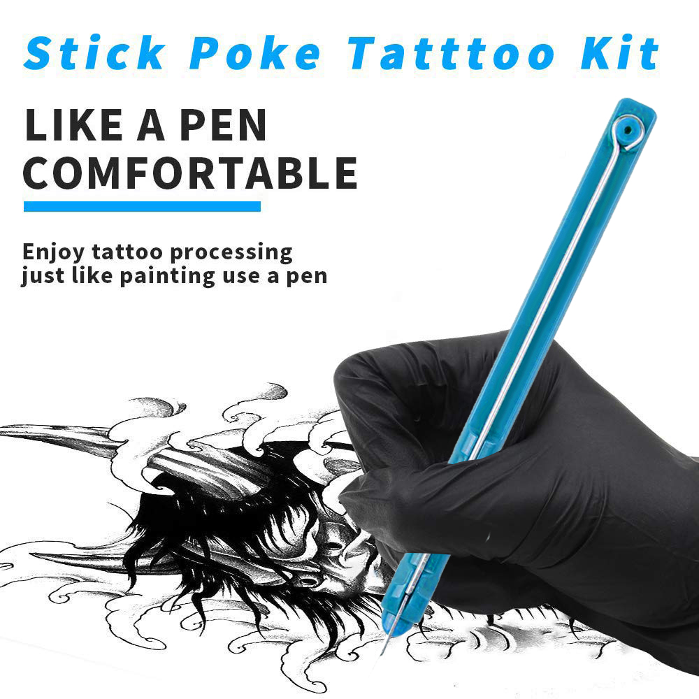 Blue Hand Poke e Stick Tattoo Kit com agulhas de pigmentos de tinta Conjunto para o Body Art Poke Stick Stick DIY 3D Tattoo Beginner Practice Kit