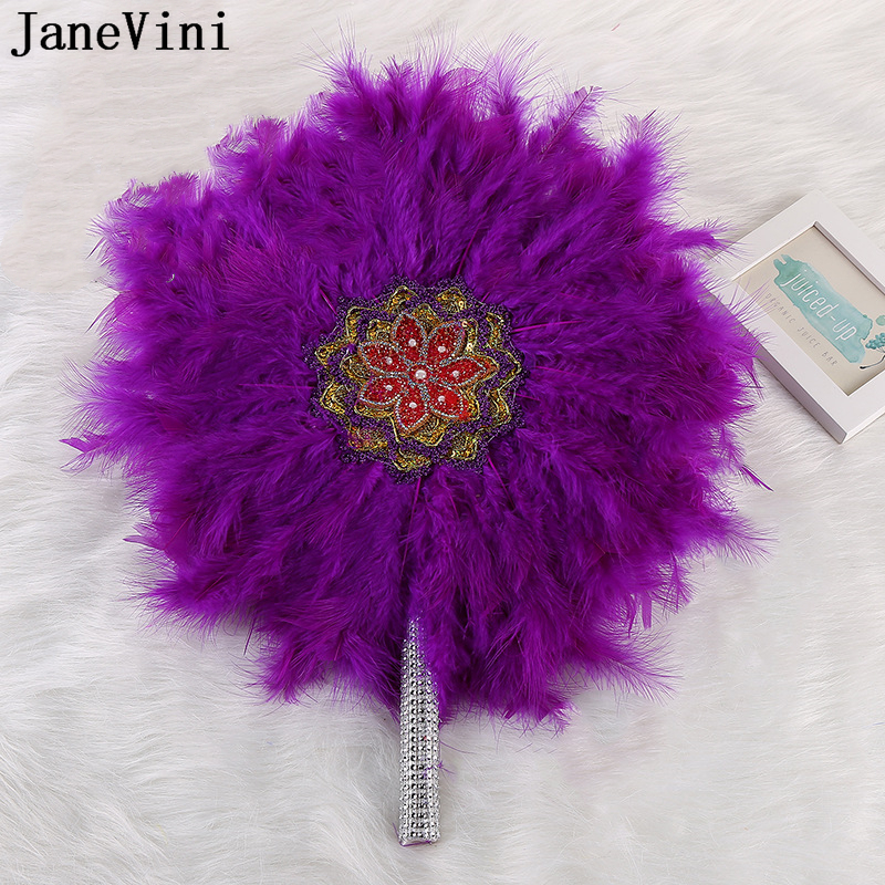 Janevini afrikanische Türkei Feder Handfan Vintage Hochzeit Brautjungfern Bride Fans großartiger Gatsby Dance Fan Purple Blumensträuße
