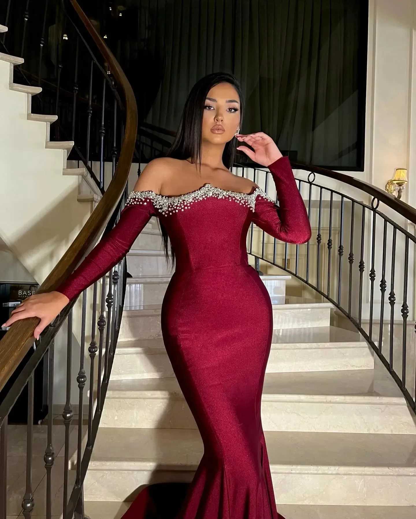 Urban Sexy Dresses Mermaid Prom Dress Crystal Off Shoulder Formal Evening Dresses Elegant Long Sleeves Party för speciella tillfällen Promdress 240410