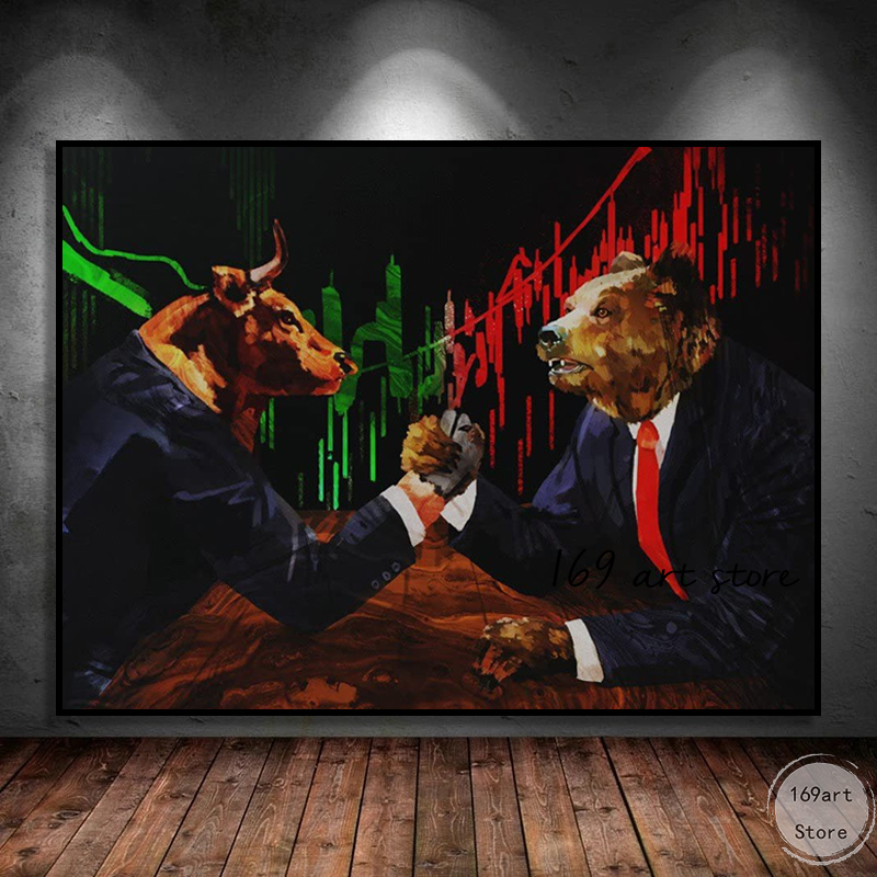 Abstract Bull vs Bear Arm Wrestle Fight Wood Market Trader Art Poster Canvas Pintura Impressão de parede Imagem para decoração de casa Decoração