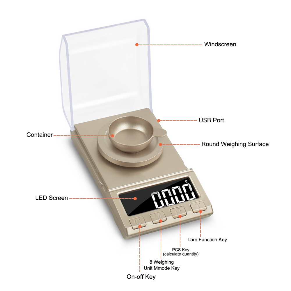 TOLLOUR 0,001G Digital Pocket Scale Mini Jewelry Gold Lab Carat Powder Powder Scales 50g / 100g / 200gx0.001g USB Electronic Scales