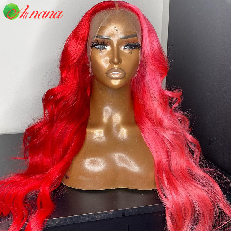 Half Pink Half Red Body Wave Lace Front Wigs For Women Pre-Plucked Red Pink Lace Frontal Human Hair Wigs 6x6 Lace Closure Wig