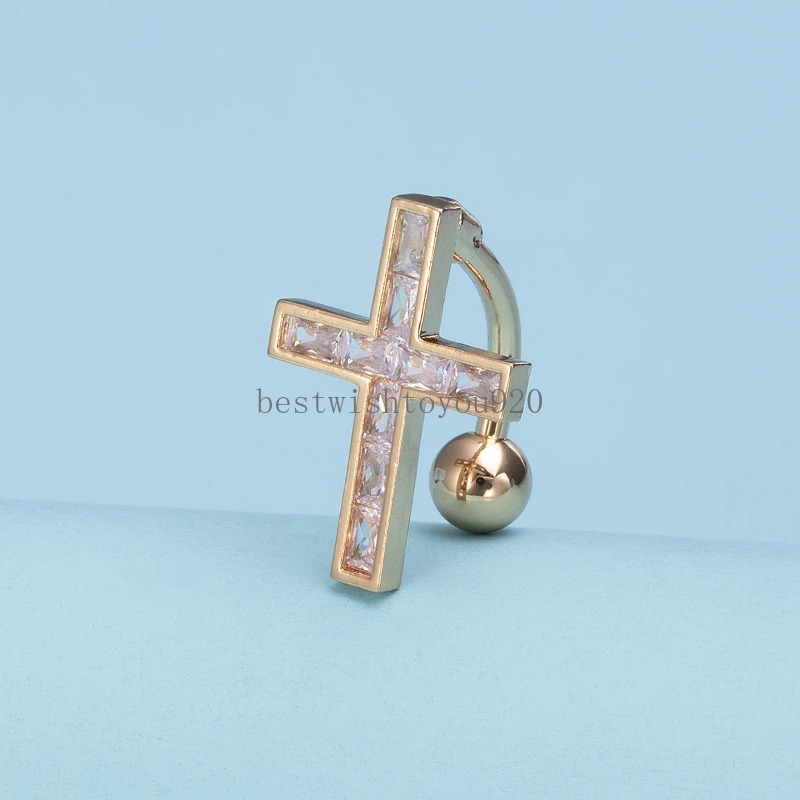 Cross Belly Button Rings Curved Barbell Navel Piercing for Women Zircon Stainless Steel Bar Sexy Belly Ring Body Jewelry 14G