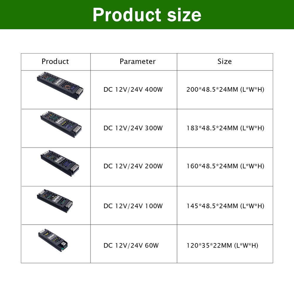 60W 100W 200W 300W 400W Strömförsörjning AC 220V till DC 12V 24V Transformator LED -drivrutin Super Thin A/D -omvandlare för LED -ljusremsa