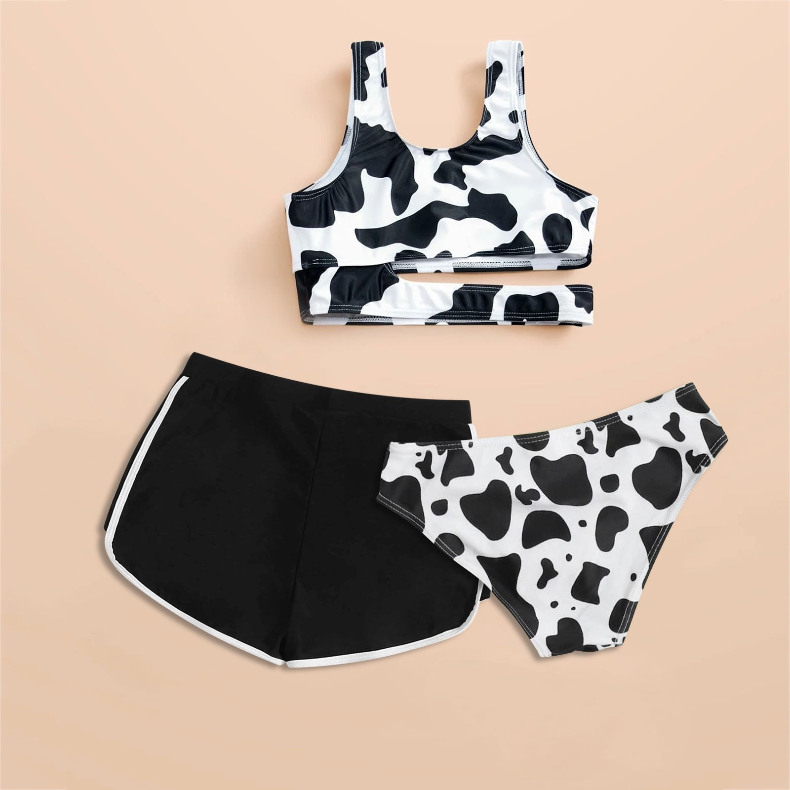 Mucca stampa floreale in costume da bagno a tre pezzi Bikini Crisscross Back Summer Cute Swimwear Bathing costoni spingi in alto con pantaloncini perizoma