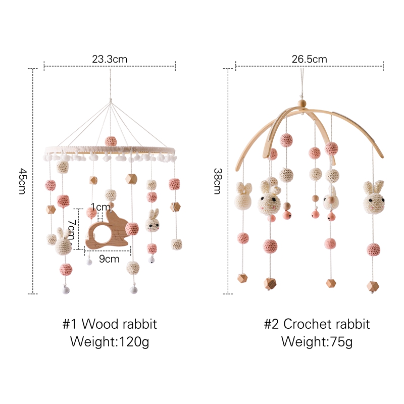 Baby Crib Wood Crochet Rabbit Bed Bell Wol Ratels speelgoed Mobile Toddler 0-12 maanden Mobiele rammelaars Carrousel voor COTS Musical Gift