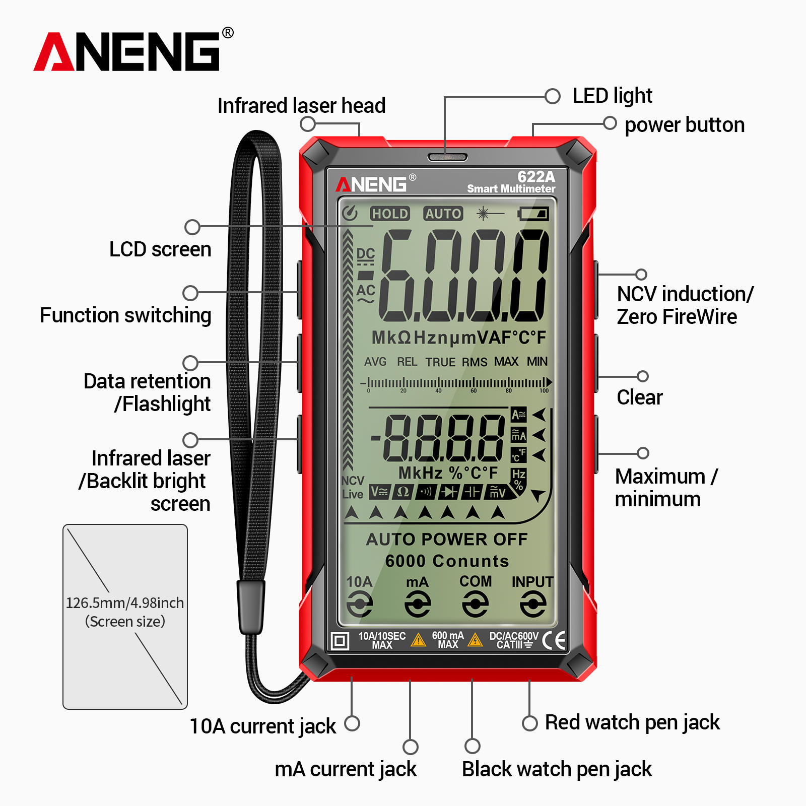 Digital multimetertestare Smart Touch Auto-Ranging 6000 räkningar Uppladdningsbar anti-Burning Ohm amp Voltmeter med DC/AC-ström