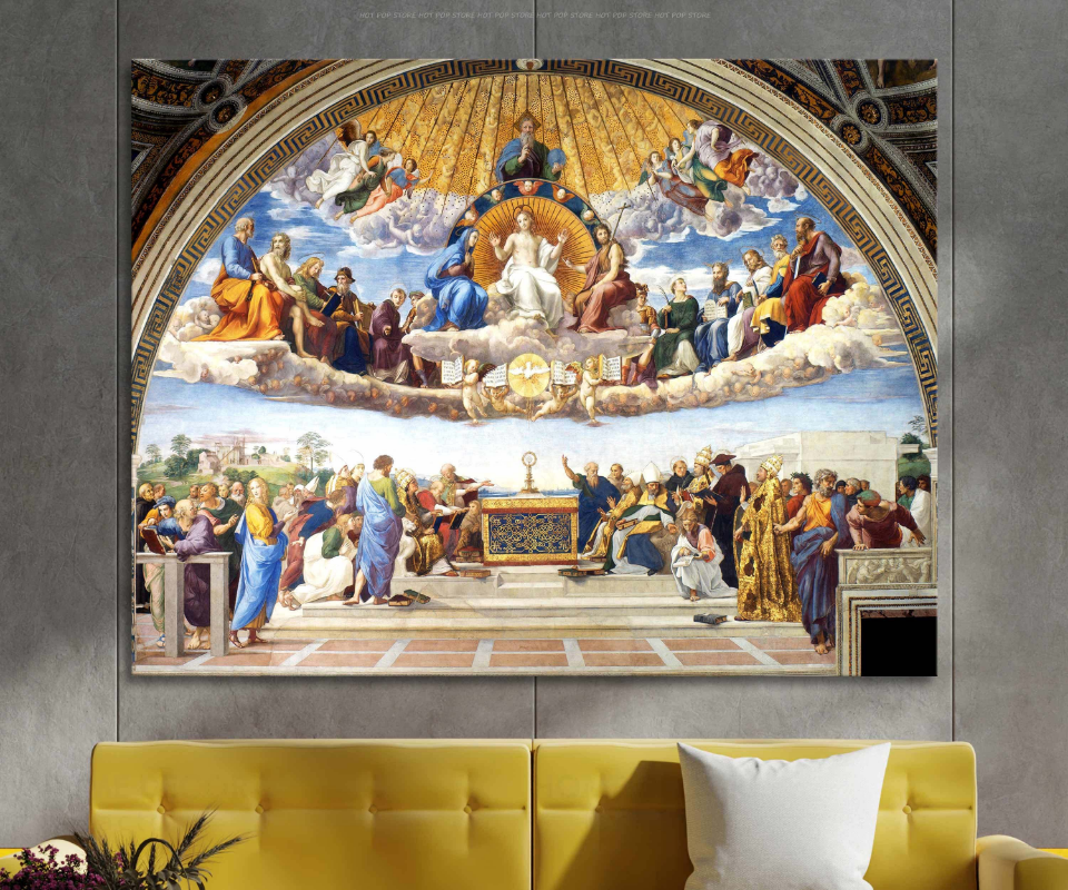 Disputa Fresco Heiliges Sakrament Ancient Fresco Wall Decor religiöse klassische Kunst Italienische Leinwand -Plakat Romantische fantastische Geschenk