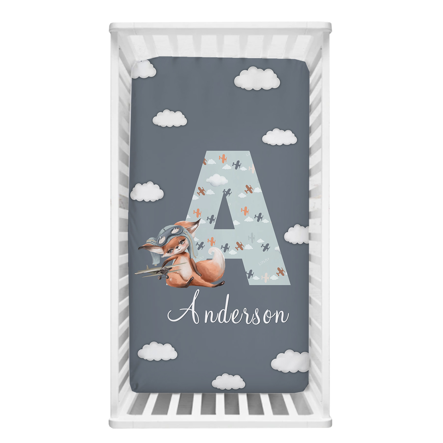 Lvyziho Capital Letter Airplanes Aangepaste naam Beddengoedset, gepersonaliseerde wieg beddengoedset, Baby Shower Gift Crib Set Set