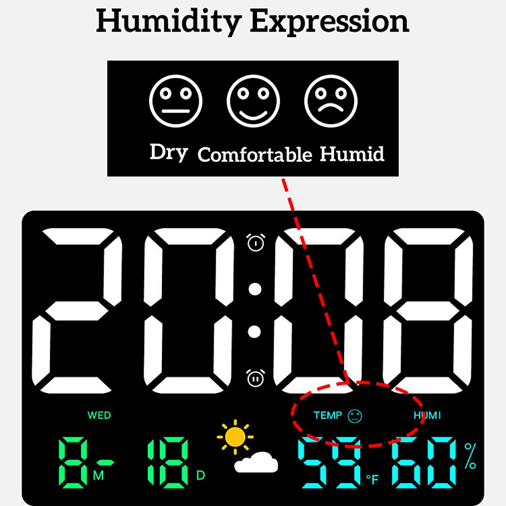 25*16*3cm Grande relógio de parede digital Data de umidade automática Tabela de tempo de escurecimento Relógio 12/24H LED despertador de despertador