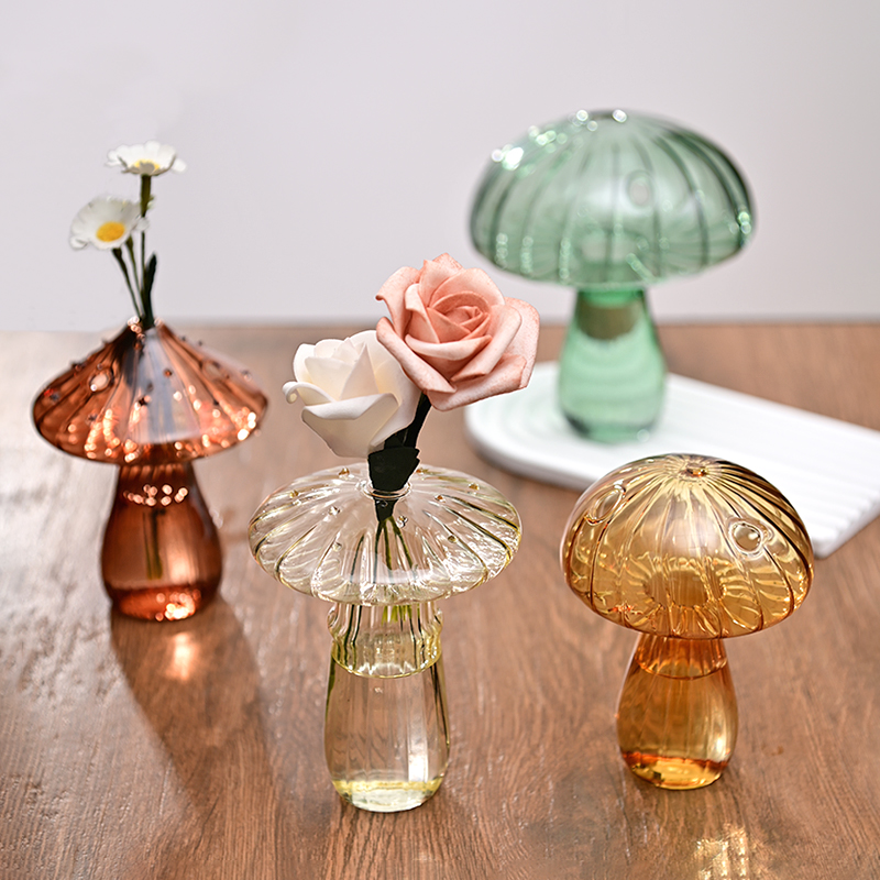 Mushroom Shape Glass Vase Transparent Creative Flower Vase Plant Hydroponic Flower Bottle Aromatherapy Container Desktop Decor