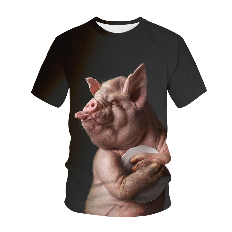 Hip Hop Animal Pig 3D Impresso de verão masculino T-shirt grande tamanho de manga curta Crewneck Harajuku Street Trend camisa