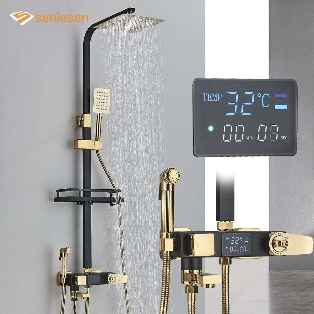 Senlesen Oro nero Black Termostatico Doccia doccia Baglietta la doccia Set Mixer Rainfall Mixer Confiet With Shelf Bidet doccia Sistema