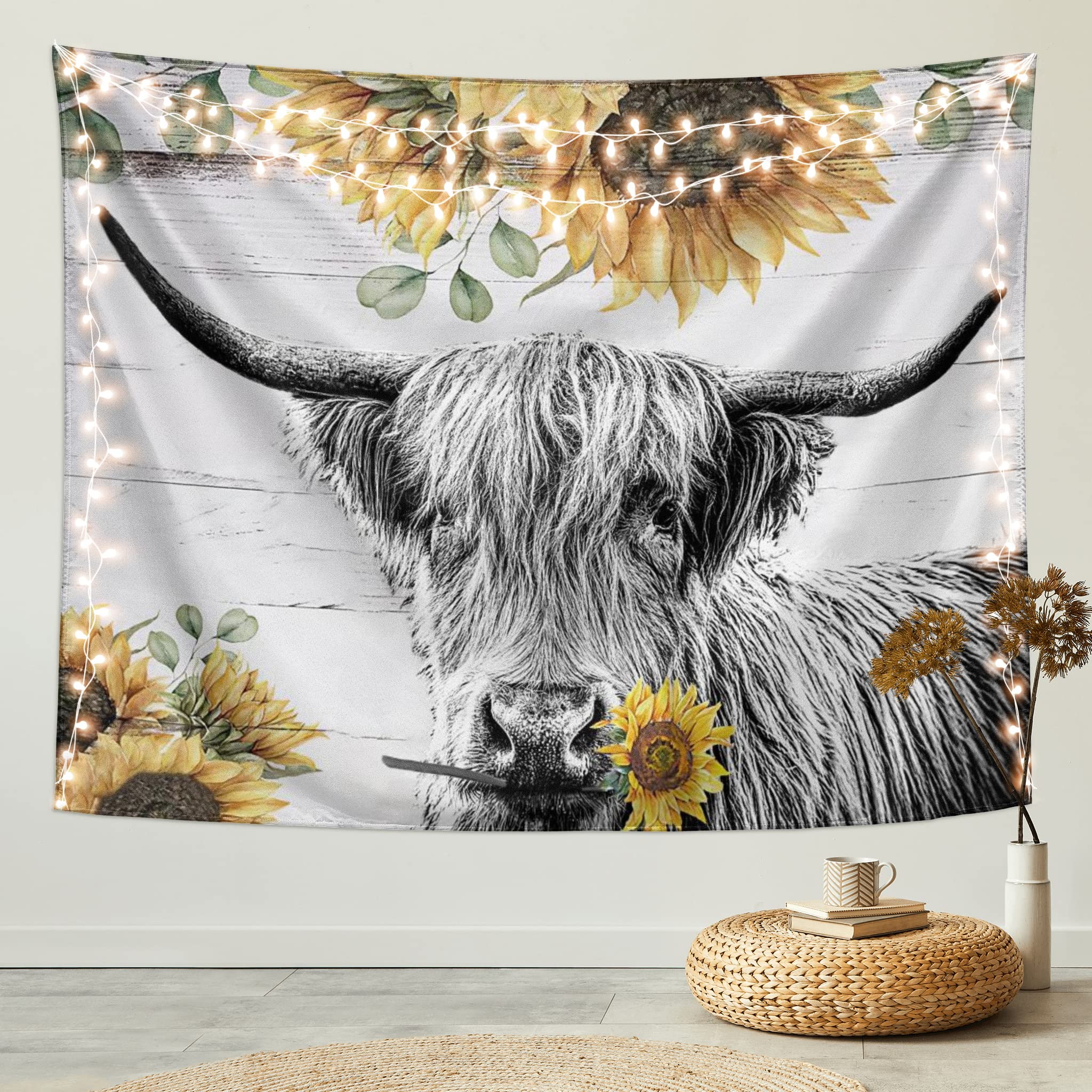 Highland Cow Tapestry Farm Bull Bull Sanging Farmhouse Funding Animal Tapasches Sunflower Wall Blanket Tissu Home Chadow Decor