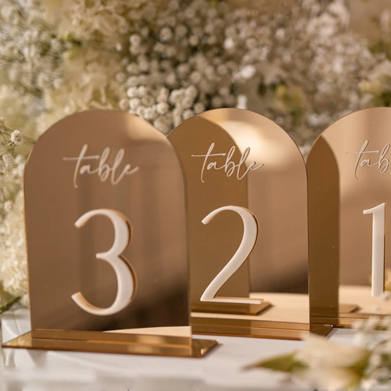 Golden Plexi -tabelnummers, Arch Acryl Tabeltafel Nummers Goud Place -kaart Wedding, Acryl Bord met stands, centerpieces voor tafel