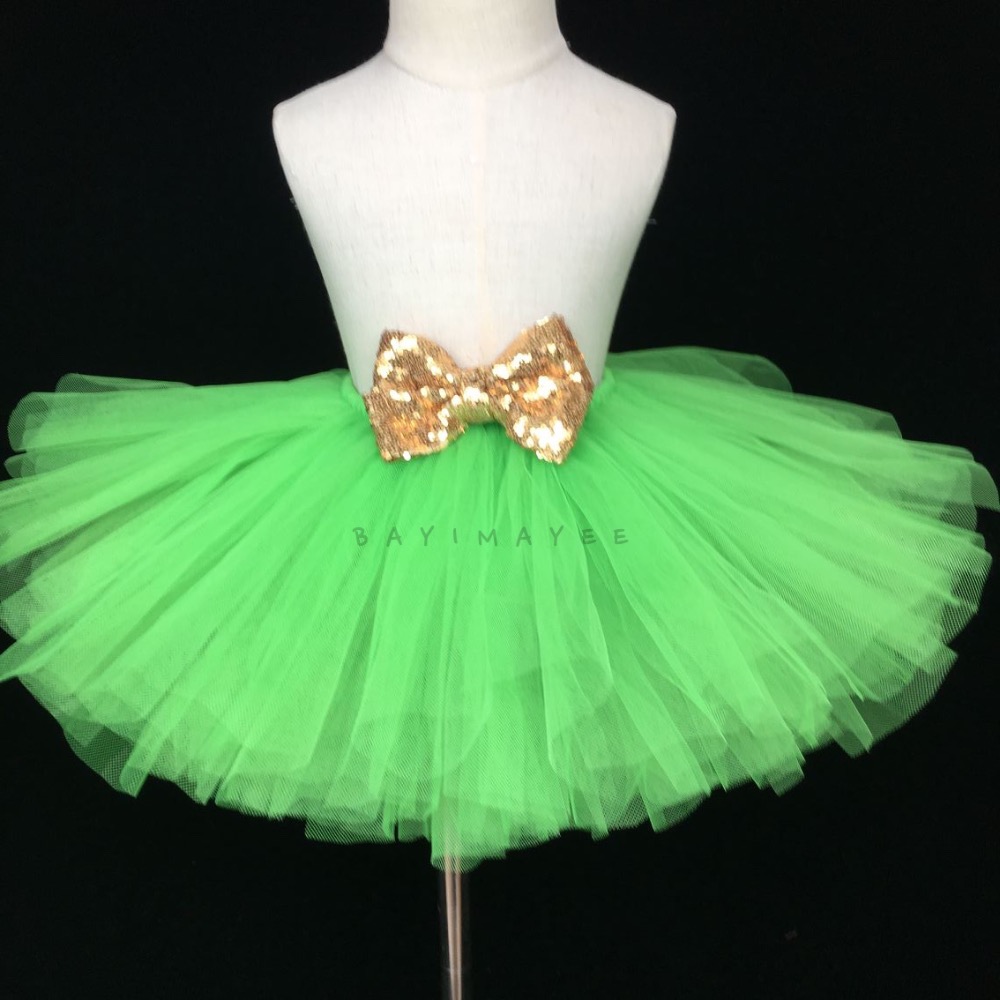 Girls Christmas Green Tutu Skirt Kids Ballet Dance Underskirts with Gold Sequin Bow Children Birthday Party Costume Tulle Skirts