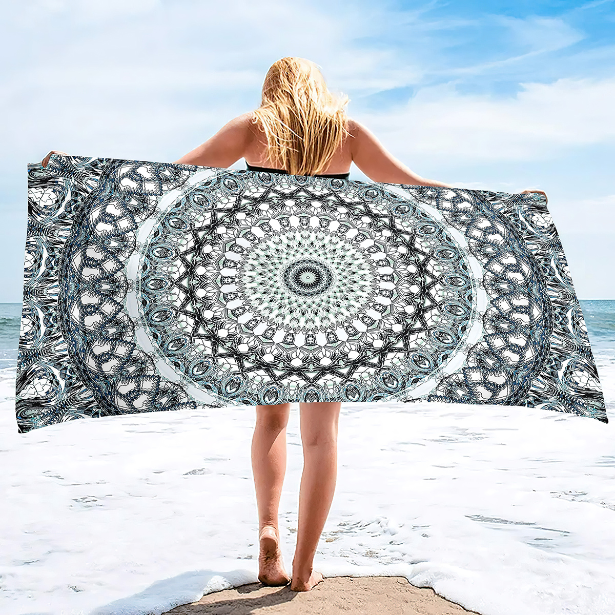 Toalhas de folga de toalhas de praia de tamanho grande, toalha de piscina de viagem boho mandala fria, areia leve grátis