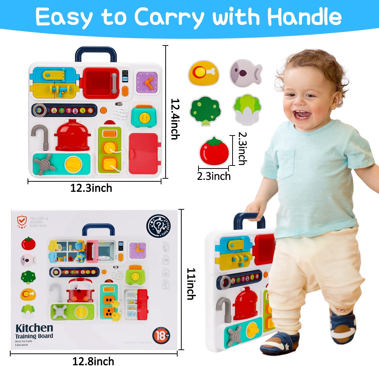 Montessori Kitchen Busy Board for Toddlers 1-3 Travel Toys Light Up Musical Baby Toys 12-18 Months Fine Motor Skills