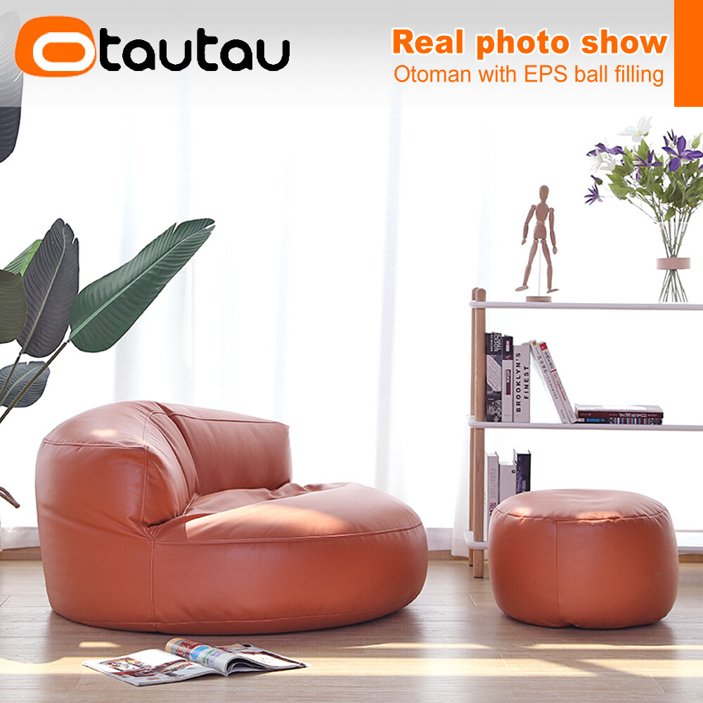 OTAUTAU Size M Big Round Faux Leather Ottoman Stool Beanbag Pouf Footstool Stuffed Bean Bag Footrest Floor Corner Seat Puff