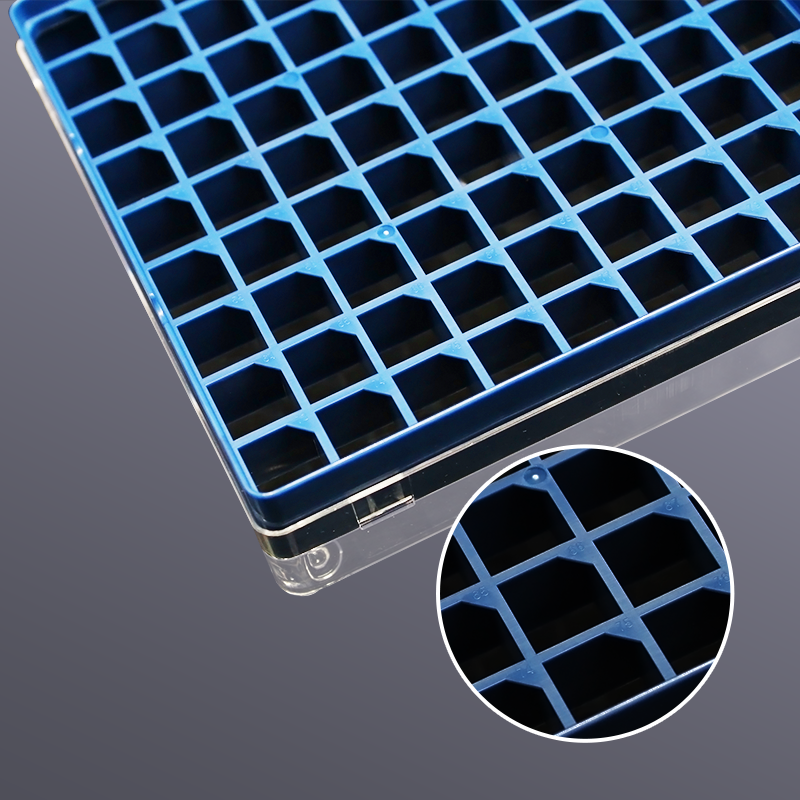Caja de Congelador de Laboratorio, Estante de Tubo, Color Azul, 81-well, Polipropileno, PCR, Puede Acoomodar Crioviales de 2ml O Menos
