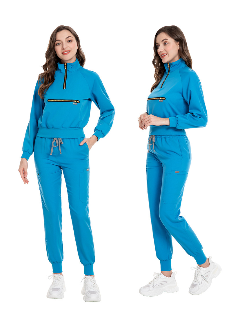 Högkvalitativ sjuksköterska Spa Uniform dragkedja krage scrubs set topps pant medicinska sport bär läkare overalls sjuksköterska tillbehör