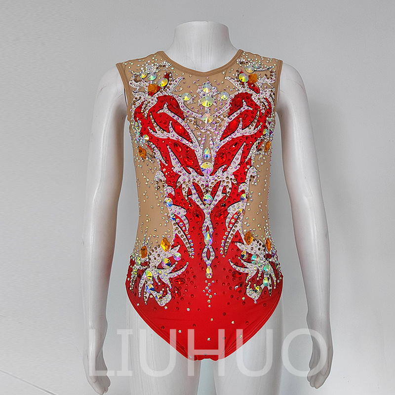 Liuhuo personnaliser les couleurs synchronisées combinaison de natation des filles de qualité cristaux de qualité extensible strass de natation de natation Red Bd1762