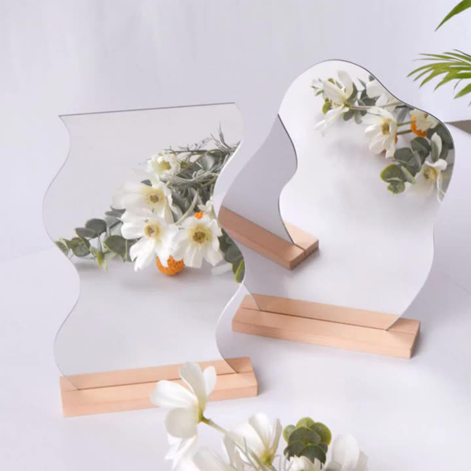 Simple Irregular Mirror Korean Style Makeup Mirror Ins Acrylic Decorative Mirrors Wooden Base Home Desktop Cosmetic Beauty Tools