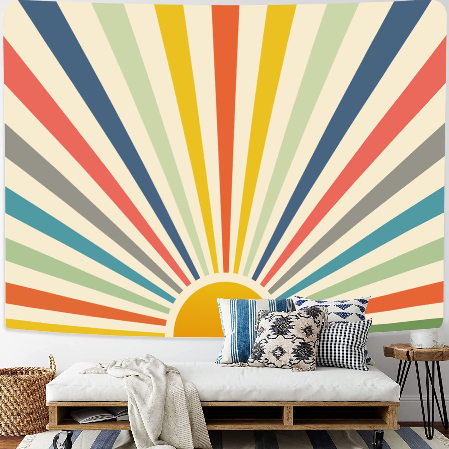 Vintage Sun Teppestry Bohemia Wand hängende Regenbogen Sonnenaufgang Sonnenuntergang abstrakte Kunst Hippie -Dekor für Wohnheim Wohnzimmer Kindergarten Schlafzimmer