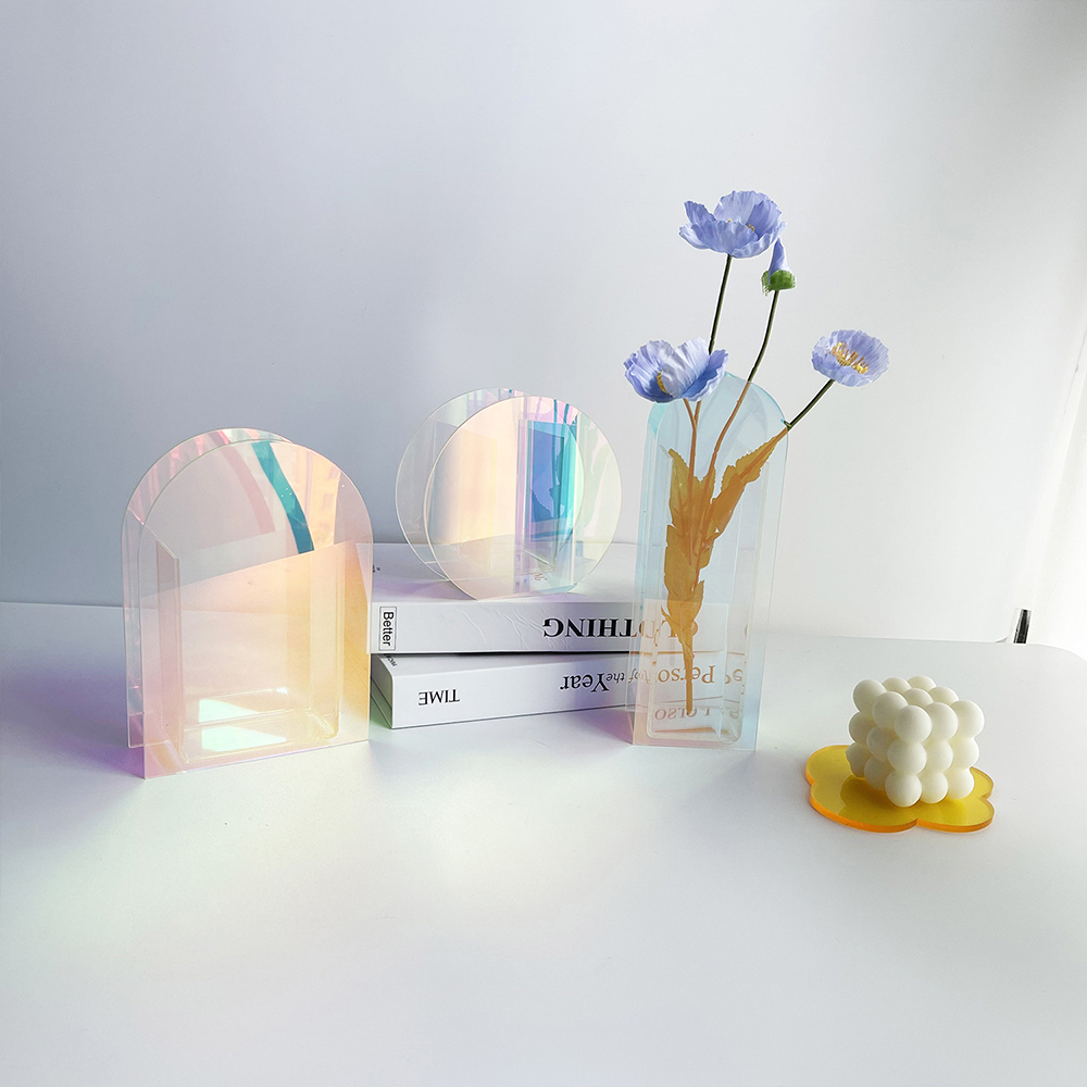 Regenbogenfarbe Acrylvasen Plastik Kunststoff transparent geometrische Form Blumenbehälter Mehrfarbig Wohnzimmer Desktop Dekor
