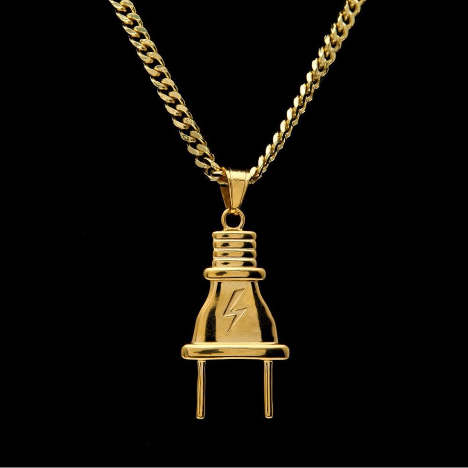 14K Gold Plated Mens Hip Hop Lighting Plug Pendant Necklace with 70cm Long Cuban Link Chain Jewelry291T