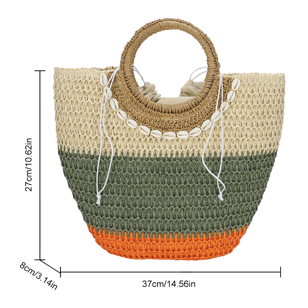 Summer kontrasterande färger halmvävning väska kvinnor handvävd väska hink form lapptäcke topphandtag väskor papper rep handväskor tote
