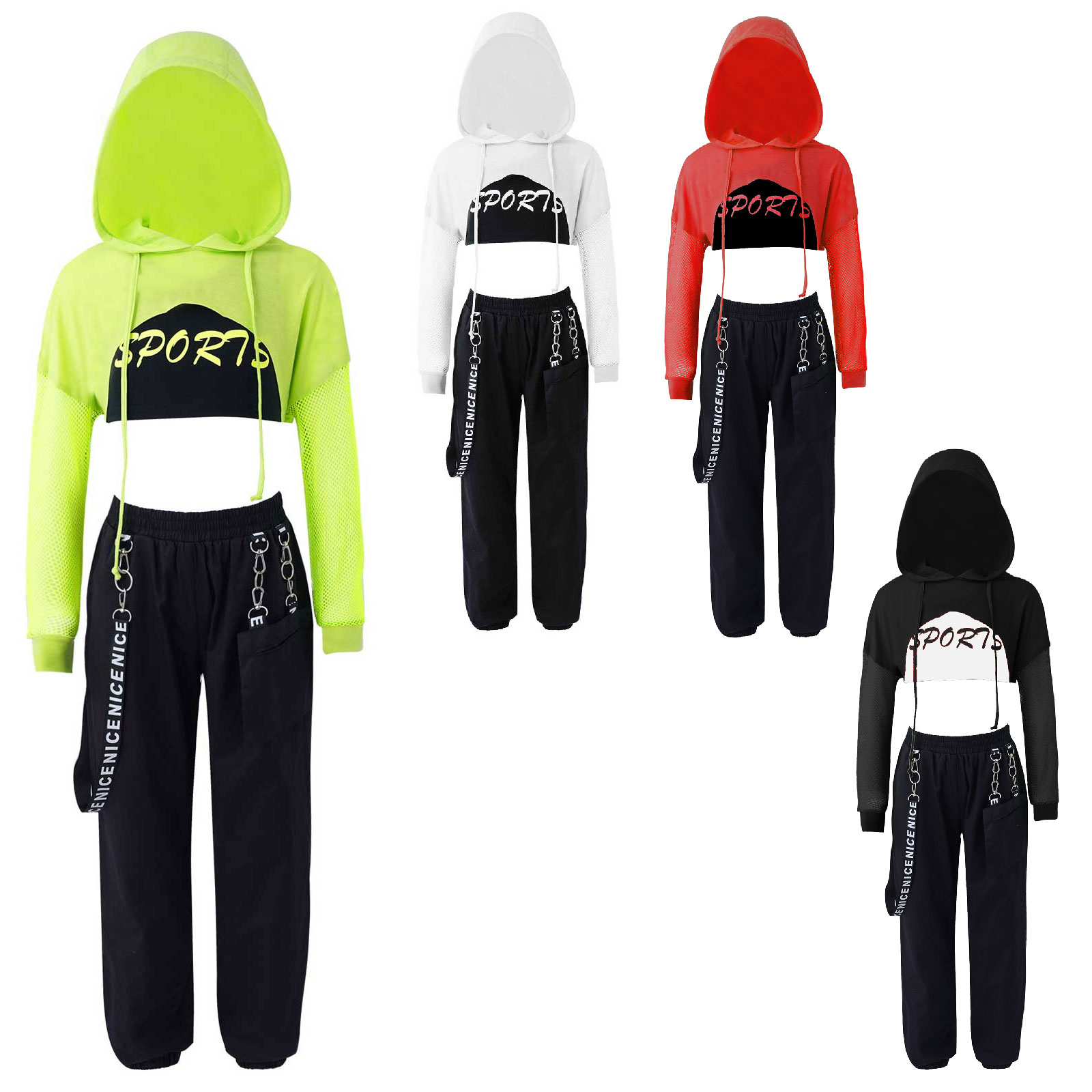 Mädchen Hip Hop Dance Kostüm Kinder Kapuze Cobe up Crop Tops Sport Bra Weste und Joggerhosen Anzug Jazz Moderne Street Dance Kee