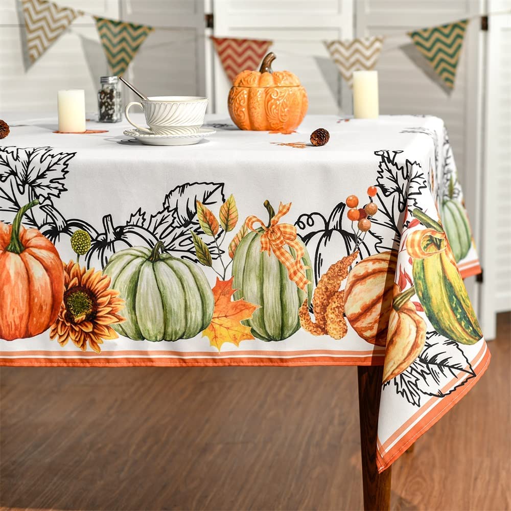 Pumpkin Maple Fall Rectangle Tablecloth Thanksgiving Harvest Vintage Washable Table Cover for Party Picnic Dinner Decor