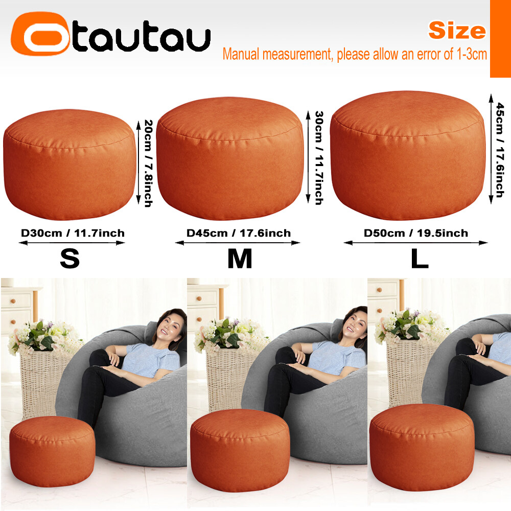 OTAUTAU Size M Big Round Faux Leather Ottoman Stool Beanbag Pouf Footstool Stuffed Bean Bag Footrest Floor Corner Seat Puff