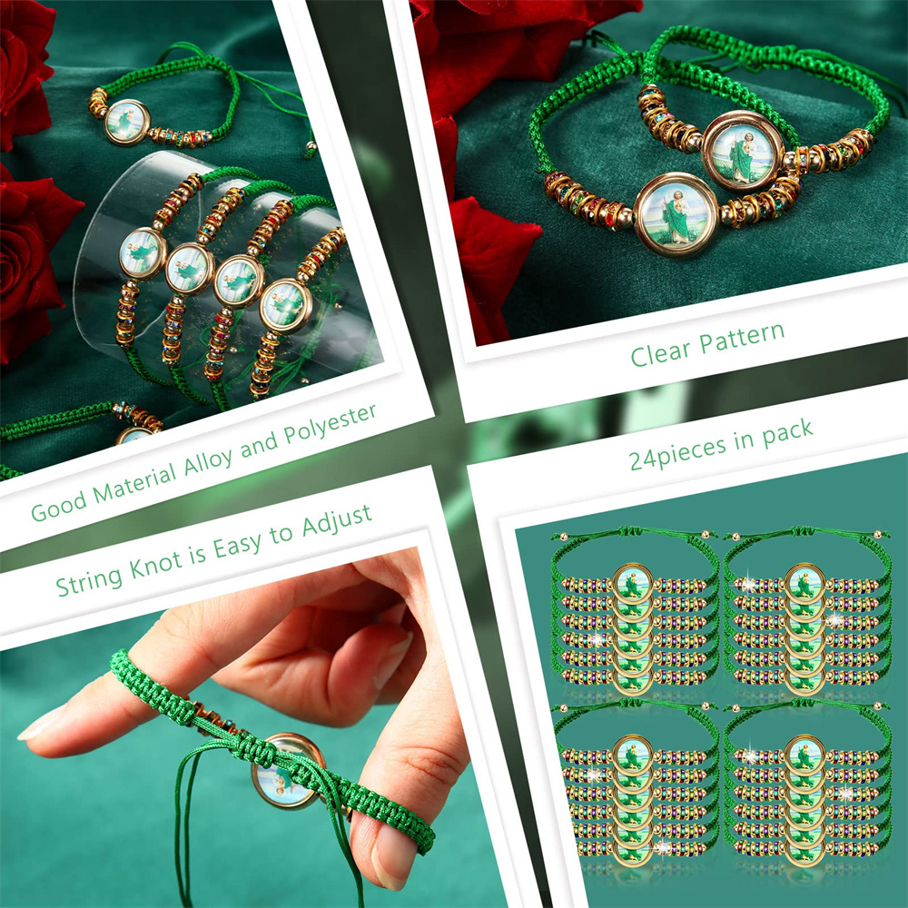 24 Peças Braceletas mexicanas Saint Jude Bracelet Católica Católica Verde Mada Mada San Judas Tadeo Rosário Gree