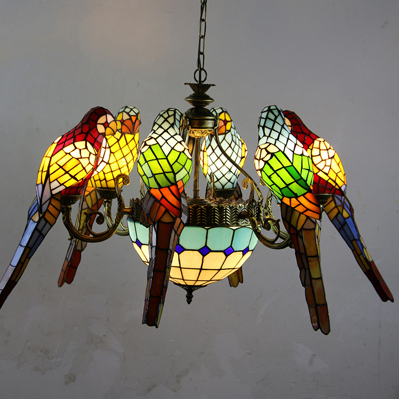 Debby Tiffany Parrot Chandelier ledde Vintage Creative Color Glass Pendant Lamp Decor for Home Living Room Bedroom Hotel