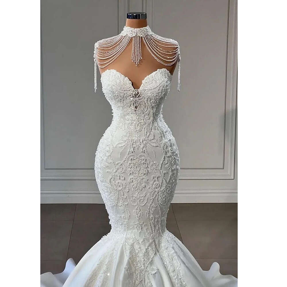 Exquisite Beads Pearls Wedding White High Collar Lace Appliques Sweep Train Mermaid Gowns Elegant Bride Dresses