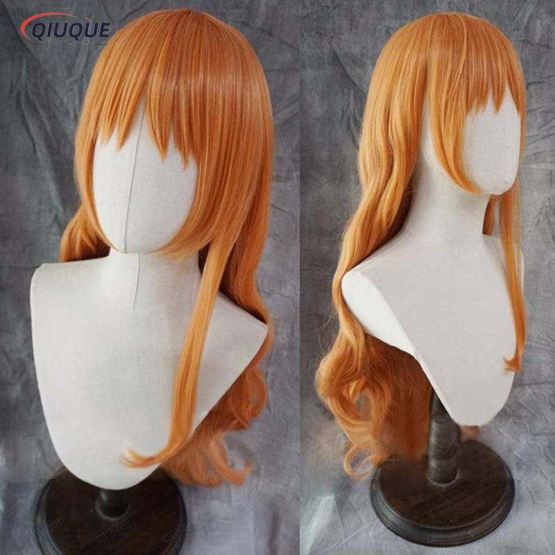 Высококачественные взрослые Nami Cosplay Wig Women Women 75 см вьющиеся волнистые оранжевые теплостойкие волосы аниме с одной кусочкой косплей -парики + парик для парика