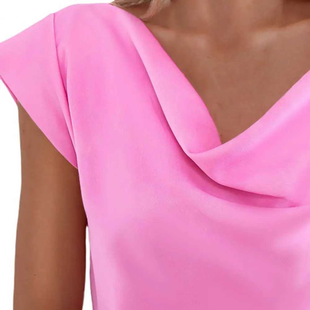 Chemises de chemisiers pour femmes Elegant Bureau Châchage Femme Collier empilé Sleeve Smooth Faux Slin Slim Summer Shirover Top Top Clothing 240411