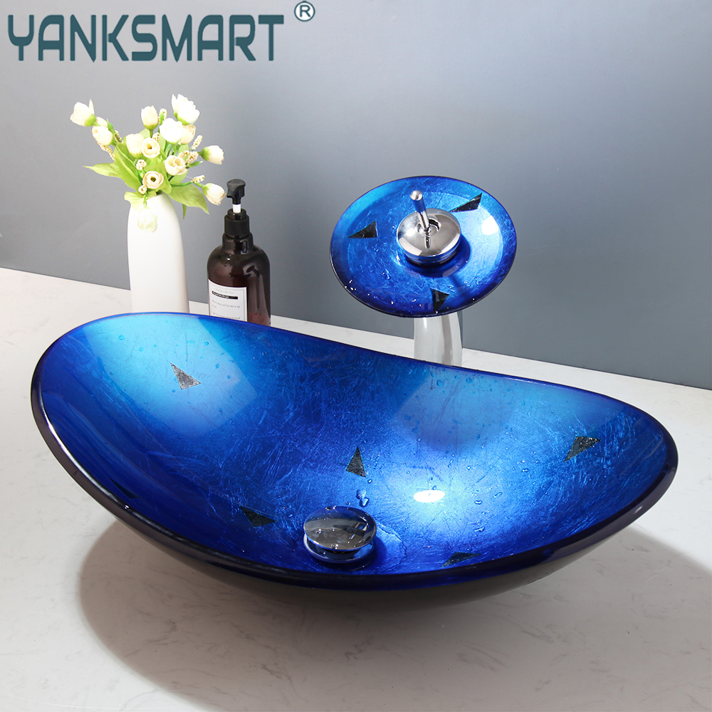 YANKSMART Tempered Glass Oval Basin Sink Washbasin Faucet Set Bathroom Counter Top Washroom Vessel Vanity Sink Mixer Water Tap